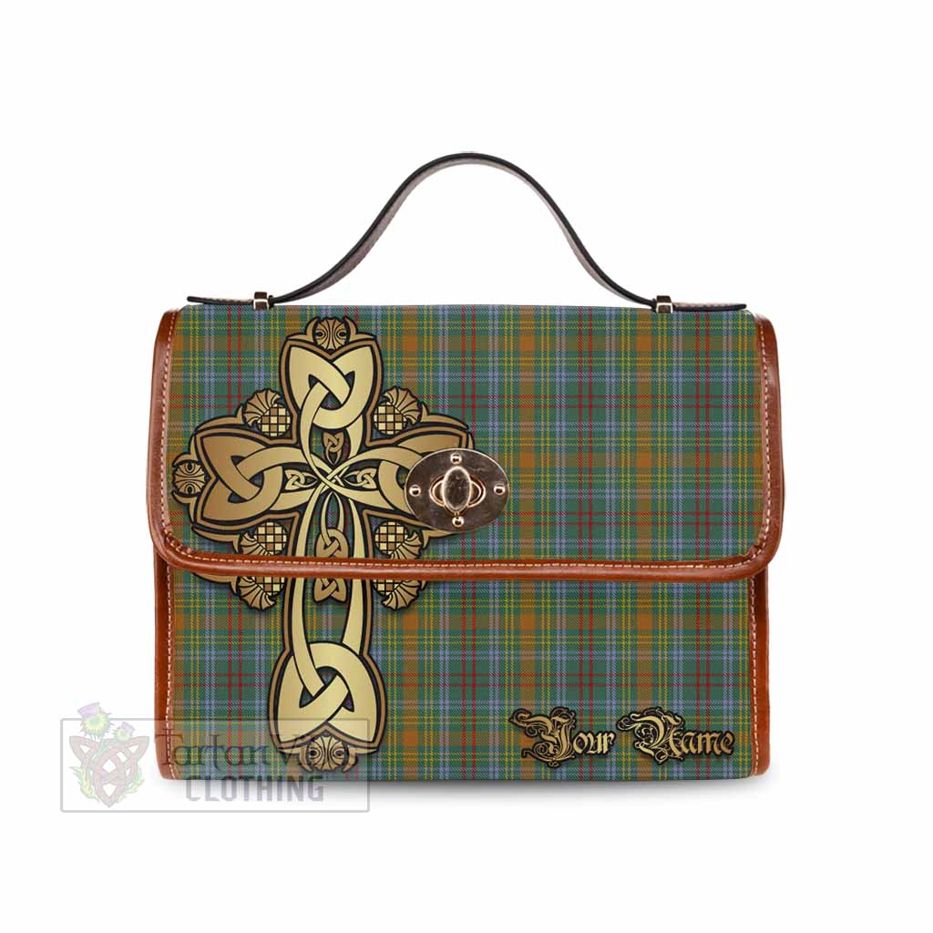 O'Brien Tartan Waterproof Canvas Bag Golden Thistle Celtic Cross Style Brown Leather Strap One Size 10.5*20*27cm - Tartan Vibes Clothing
