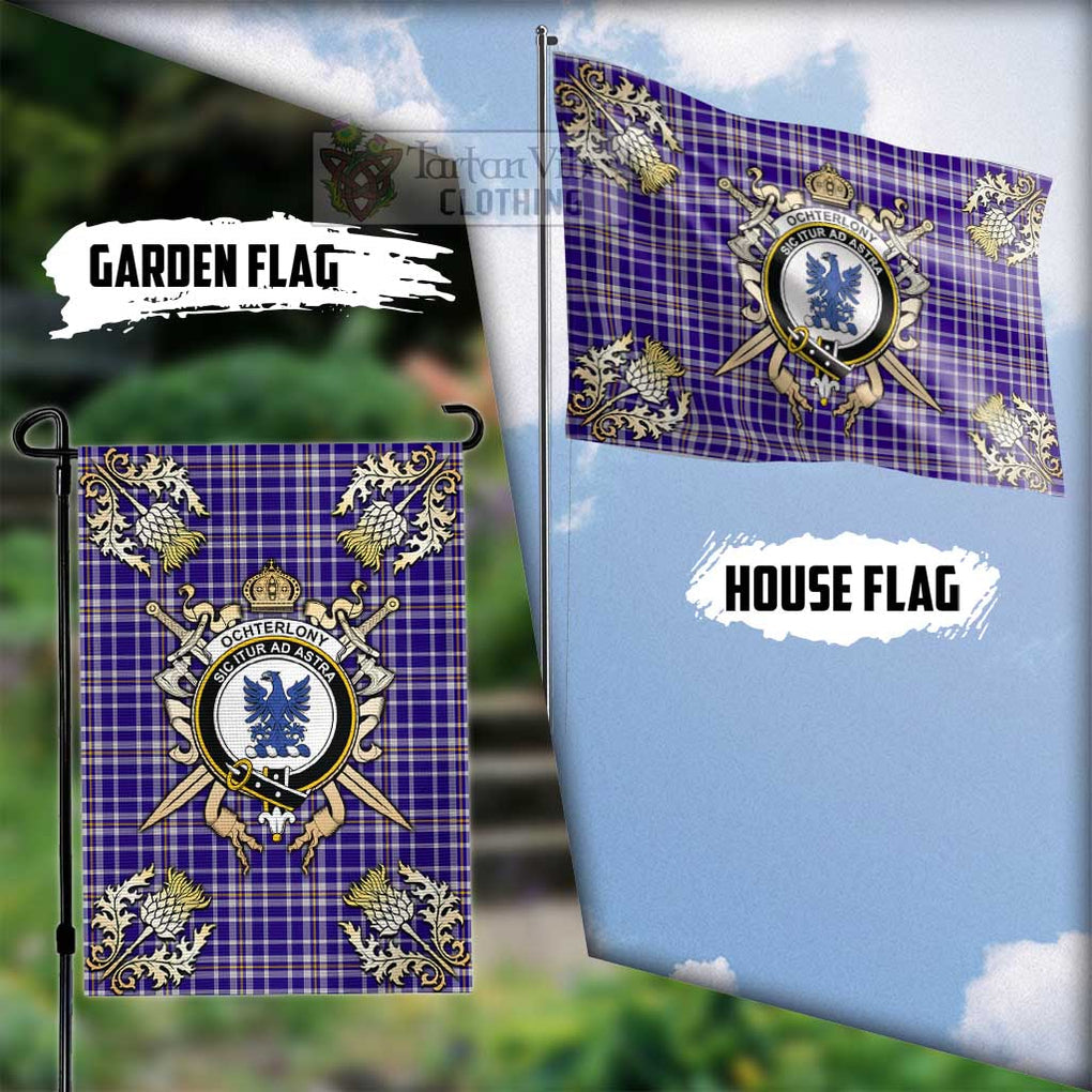 Tartan Vibes Clothing Ochterlony Tartan Flag with Family Crest and Golden Thistle Crossed Sword Design