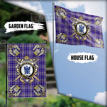 Ochterlony Tartan Flag with Family Crest and Golden Thistle Crossed Sword Design