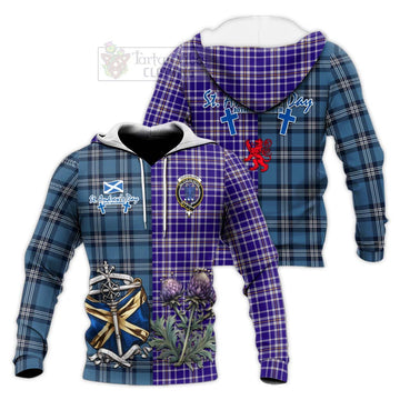 Ochterlony Tartan Knitted Hoodie Happy St. Andrew's Day Half Tartan Style