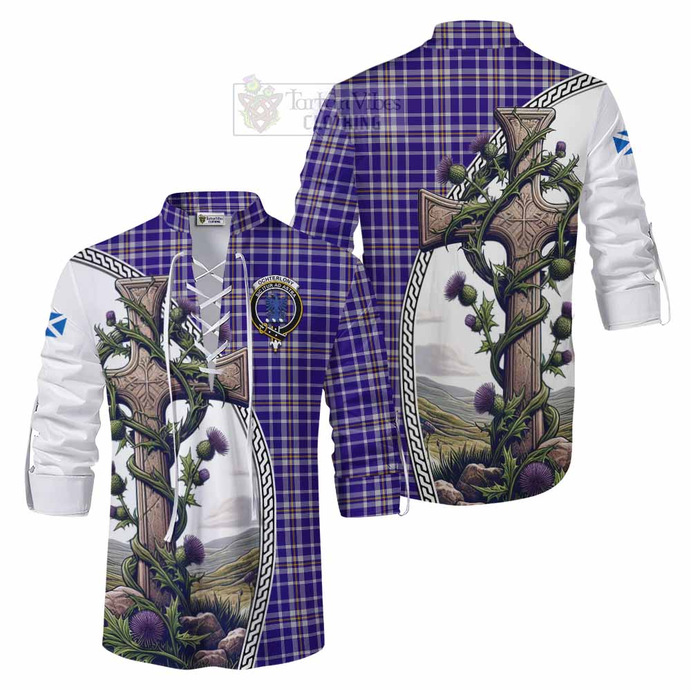 Tartan Vibes Clothing Ochterlony Tartan Ghillie Kilt Shirt with Family Crest and St. Andrew's Cross Accented by Thistle Vines