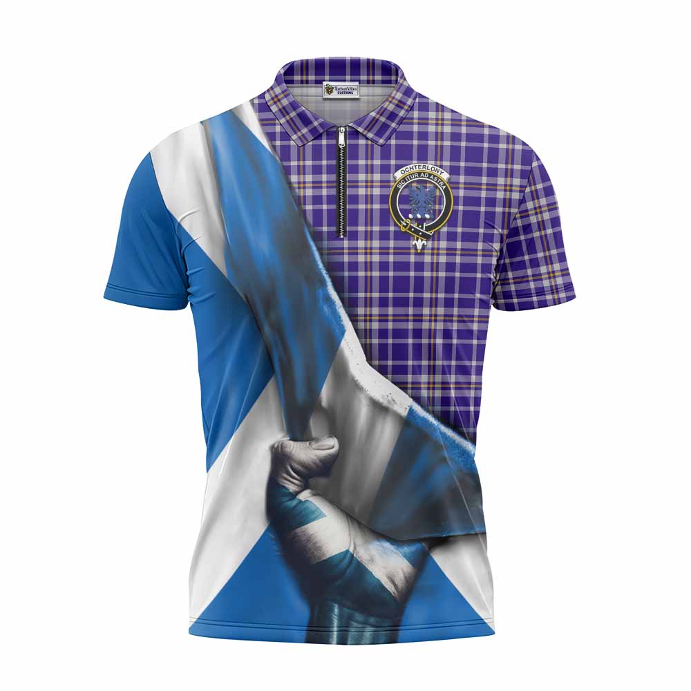 Tartan Vibes Clothing Ochterlony Tartan Zipper Polo Shirt with Family Crest Scotland Patriotic Style