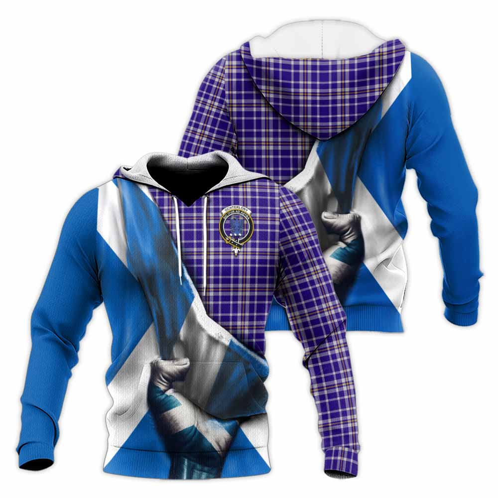 Tartan Vibes Clothing Ochterlony Tartan Knitted Hoodie with Family Crest Scotland Patriotic Style