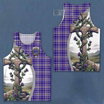 Ochterlony Tartan Men's Tank Top with Family Crest and St. Andrew's Cross Accented by Thistle Vines