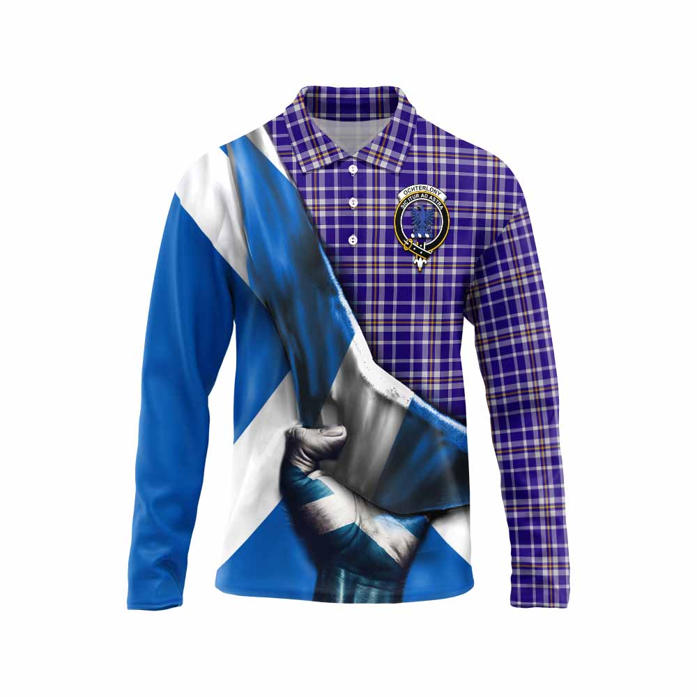 Tartan Vibes Clothing Ochterlony Tartan Long Sleeve Polo Shirt with Family Crest Scotland Patriotic Style