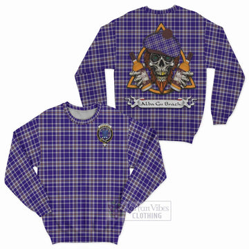 Ochterlony Tartan Sweatshirt with Family Crest and Bearded Skull Holding Bottles of Whiskey