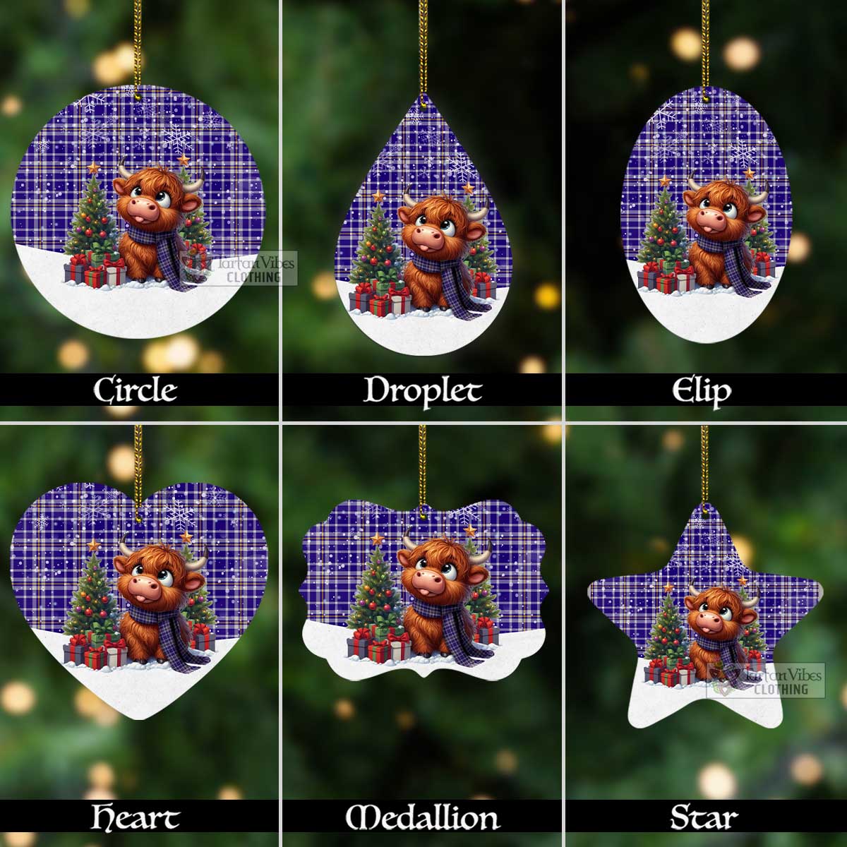 Tartan Vibes Clothing Ochterlony Tartan Christmas Aluminium Ornament with Adorable Highland Coo