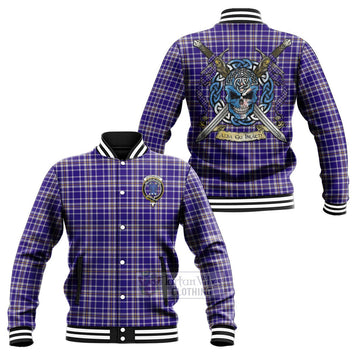 Ochterlony Tartan Baseball Jacket with Family Crest Celtic Skull Style