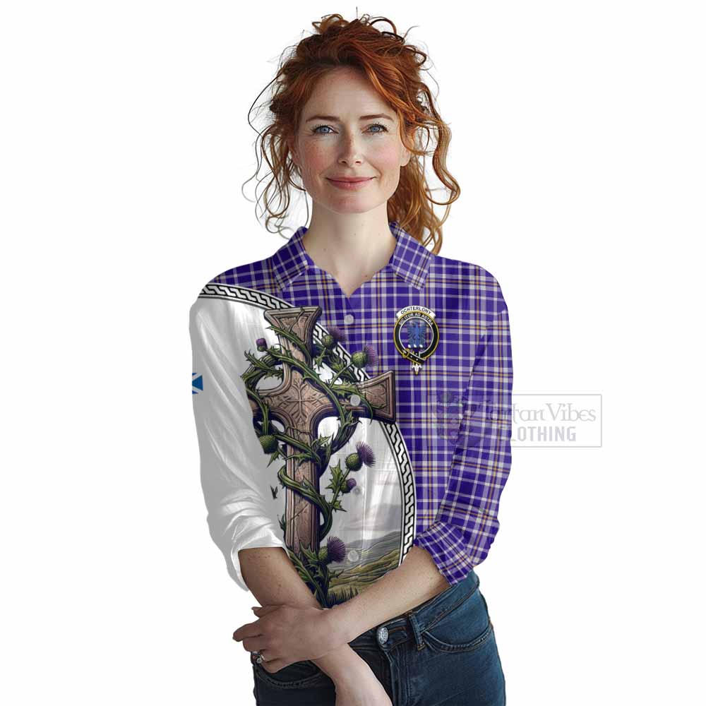 Tartan Vibes Clothing Ochterlony Tartan Women's Casual Shirt with Family Crest and St. Andrew's Cross Accented by Thistle Vines