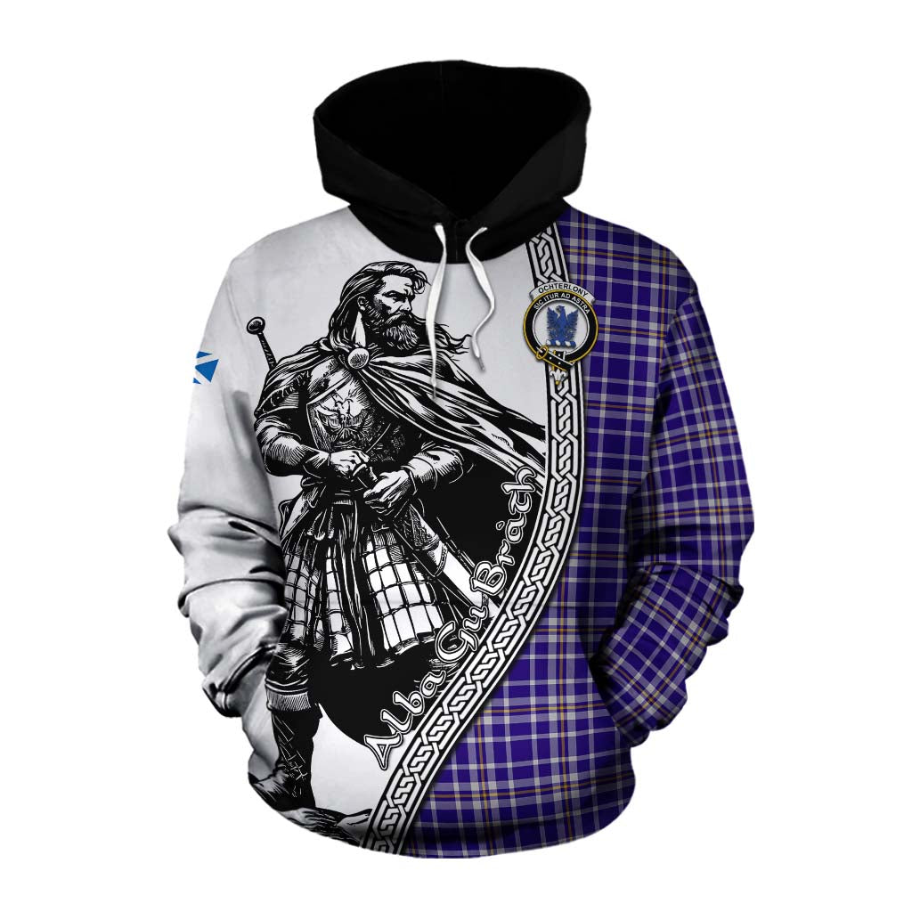 Tartan Vibes Clothing Ochterlony Tartan Clan Crest Cotton Hoodie with Highlander Warrior Celtic Style