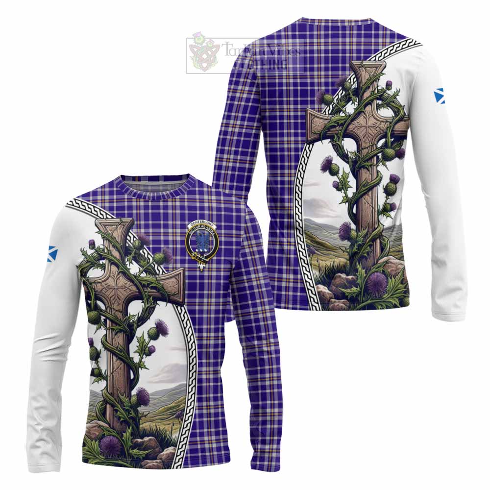 Tartan Vibes Clothing Ochterlony Tartan Long Sleeve T-Shirt with Family Crest and St. Andrew's Cross Accented by Thistle Vines