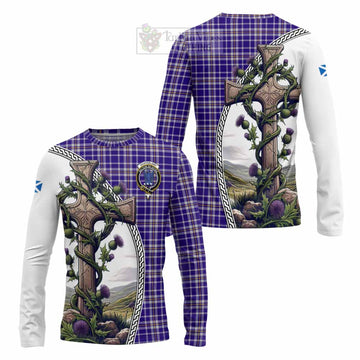 Ochterlony Tartan Long Sleeve T-Shirt with Family Crest and St. Andrew's Cross Accented by Thistle Vines