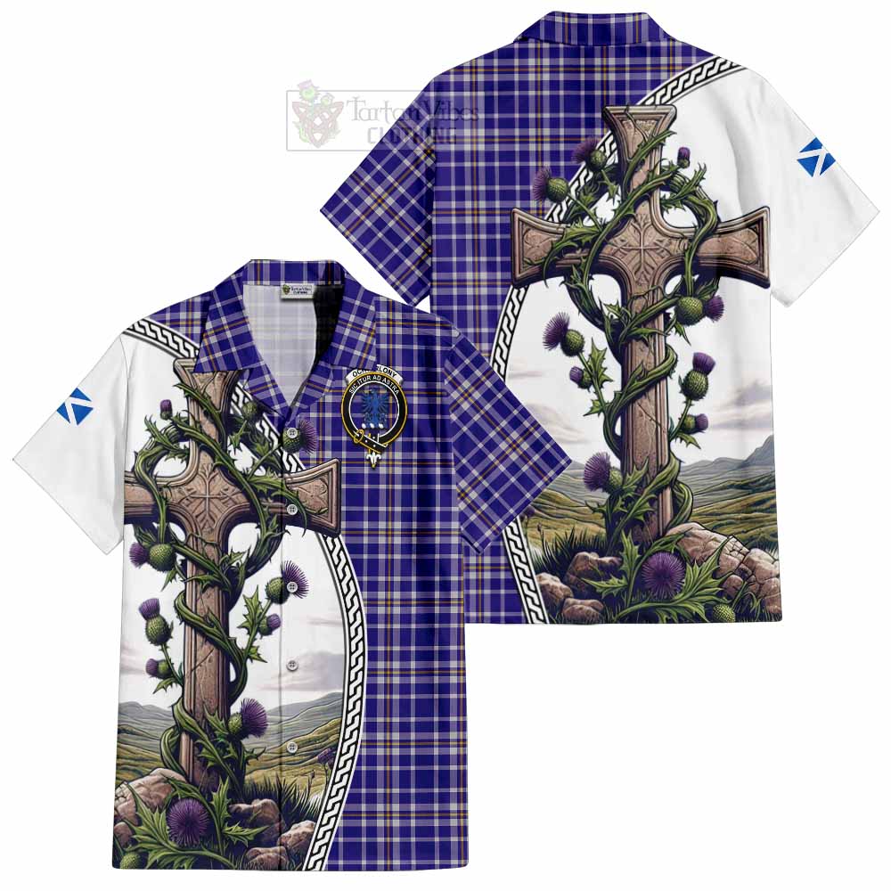 Tartan Vibes Clothing Ochterlony Tartan Short Sleeve Button Shirt with Family Crest and St. Andrew's Cross Accented by Thistle Vines