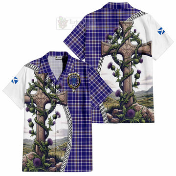 Ochterlony Tartan Short Sleeve Button Shirt with Family Crest and St. Andrew's Cross Accented by Thistle Vines