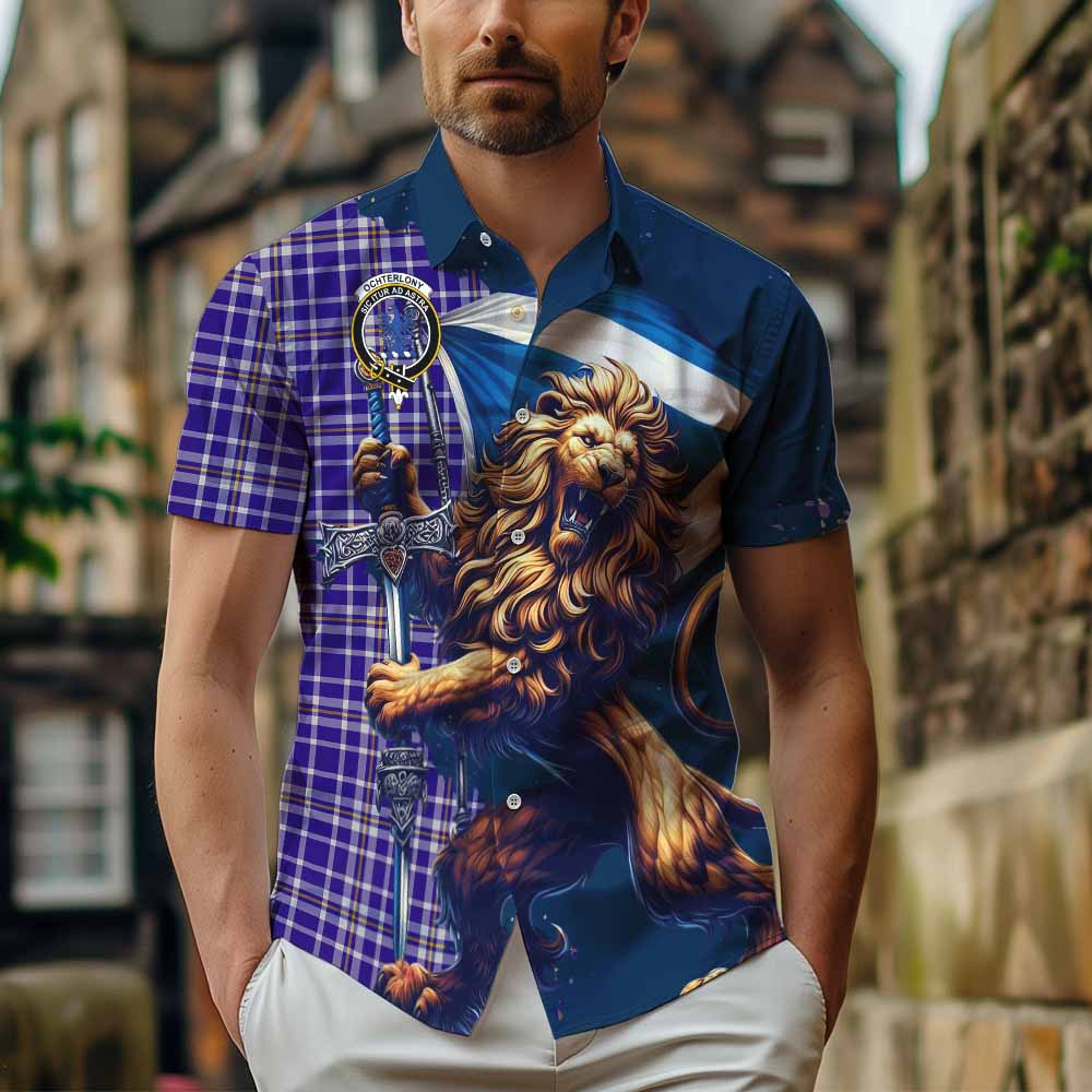 Tartan Vibes Clothing Ochterlony Tartan Family Crest Short Sleeve Button Shirt with Scottish Majestic Lion