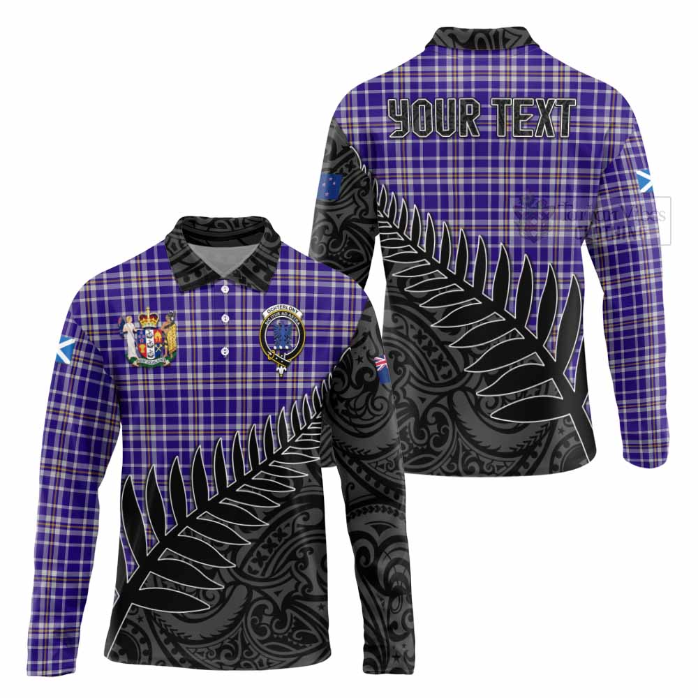 Tartan Vibes Clothing Ochterlony Crest Tartan Long Sleeve Polo Shirt with New Zealand Silver Fern Half Style