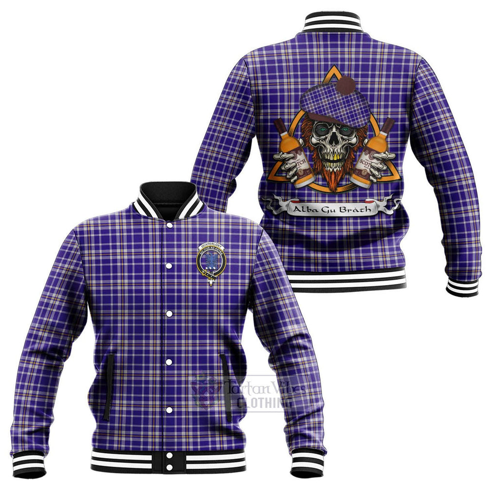 Tartan Vibes Clothing Ochterlony Tartan Baseball Jacket with Family Crest and Bearded Skull Holding Bottles of Whiskey