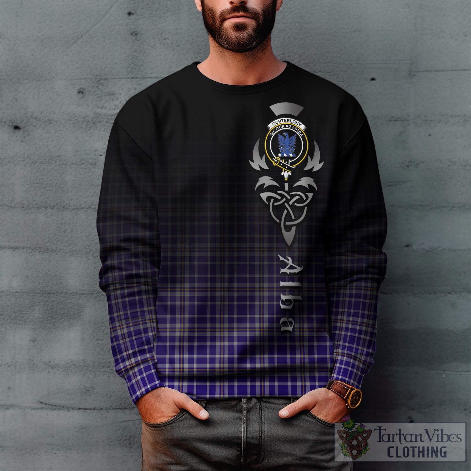 Tartan Vibes Clothing Ochterlony Tartan Sweatshirt Featuring Alba Gu Brath Family Crest Celtic Inspired