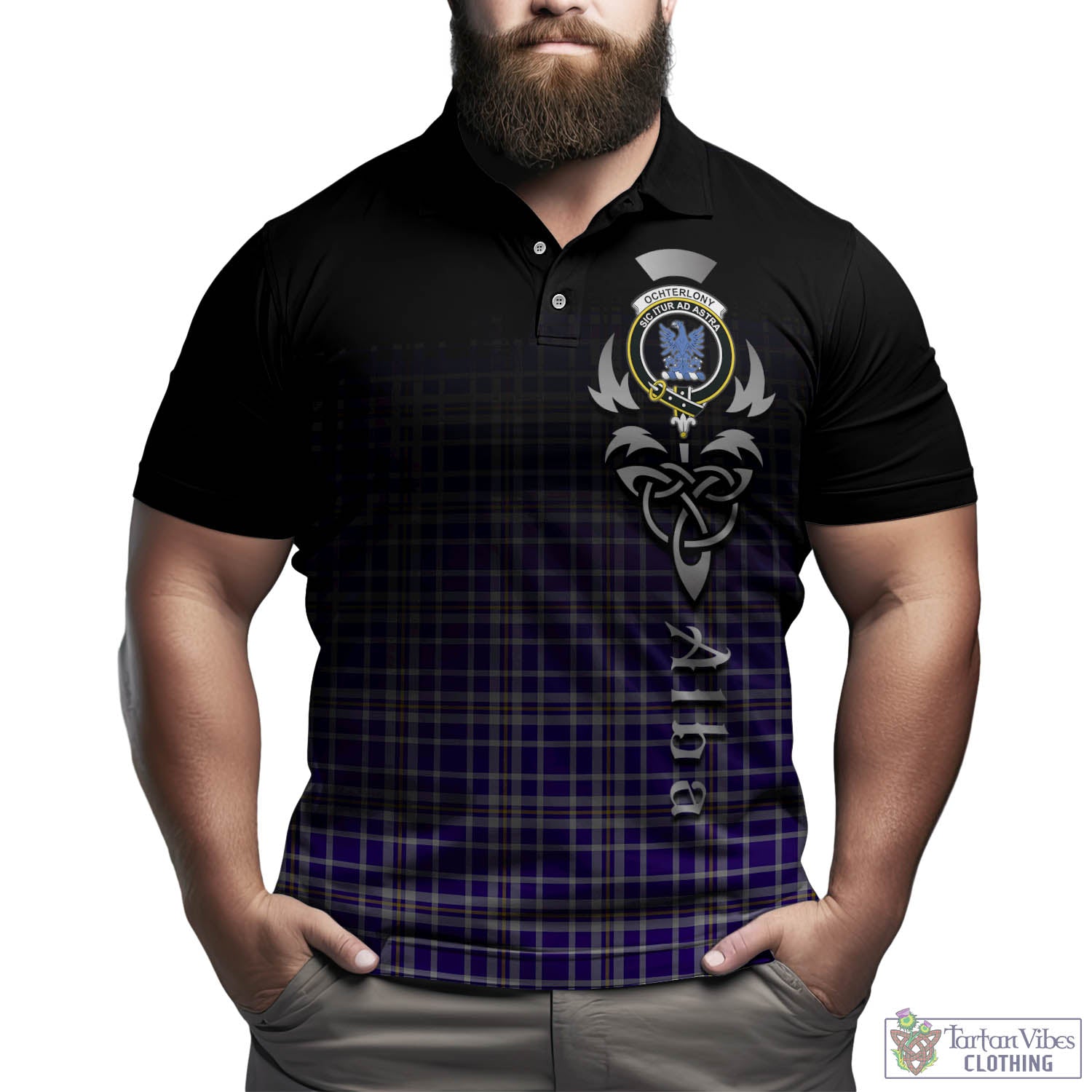 Tartan Vibes Clothing Ochterlony Tartan Polo Shirt Featuring Alba Gu Brath Family Crest Celtic Inspired