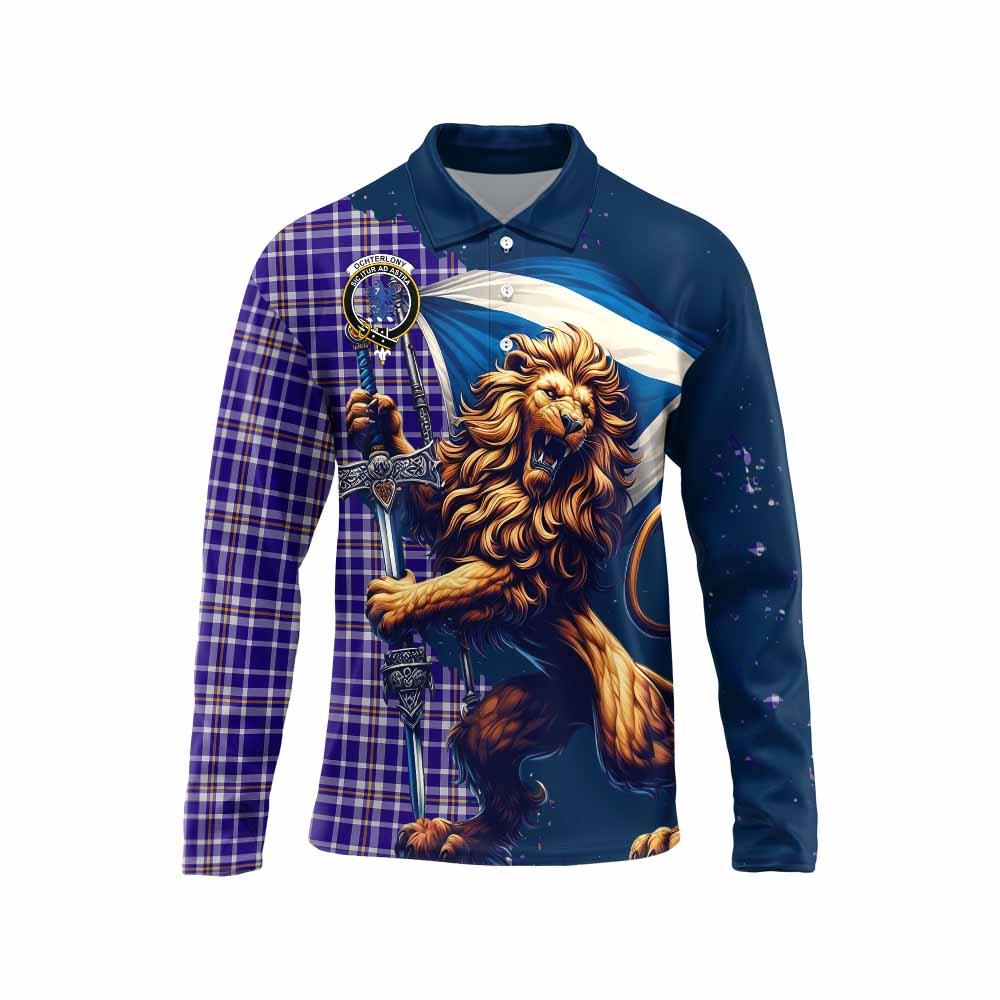 Tartan Vibes Clothing Ochterlony Tartan Family Crest Long Sleeve Polo Shirt with Scottish Majestic Lion