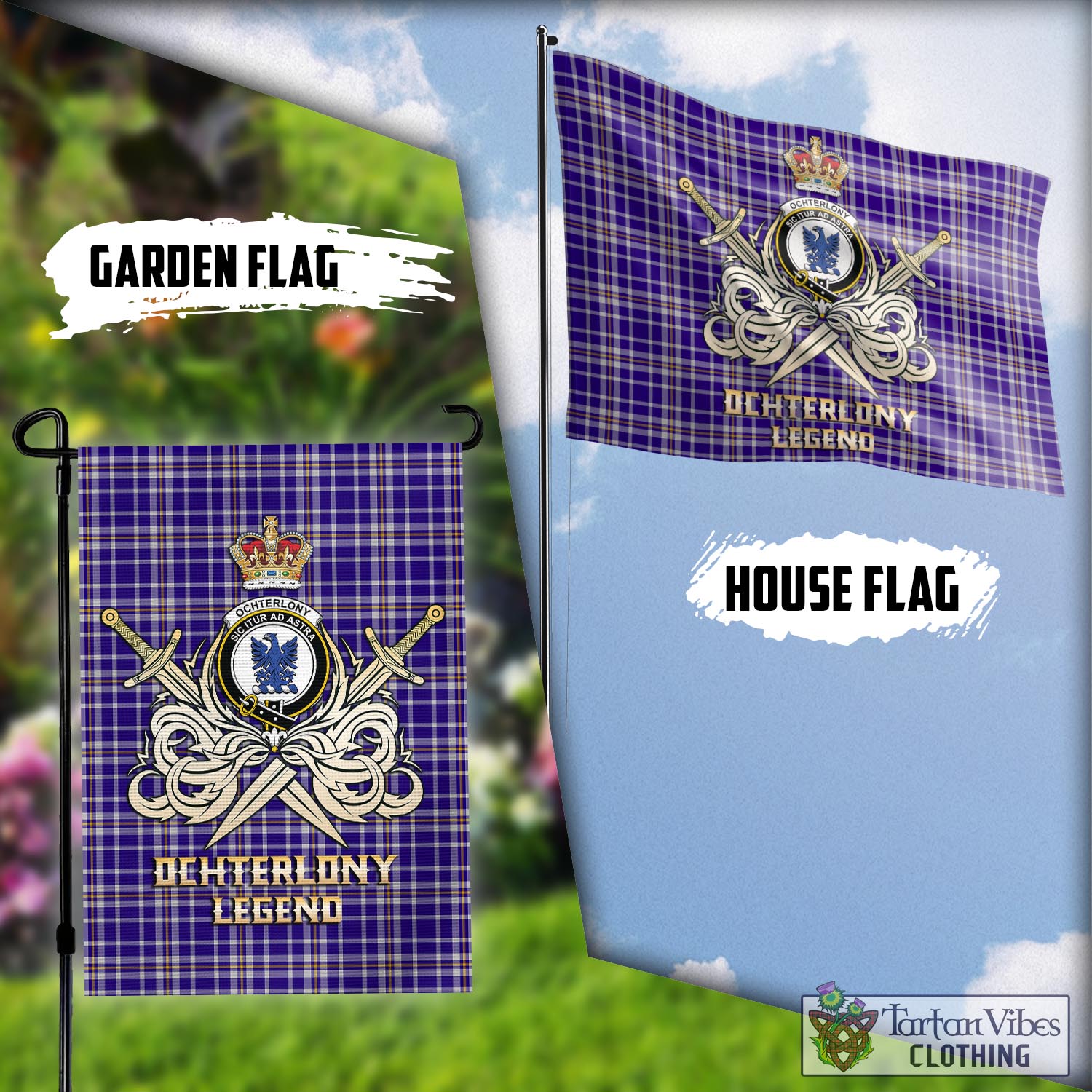 Tartan Vibes Clothing Ochterlony Tartan Flag with Clan Crest and the Golden Sword of Courageous Legacy