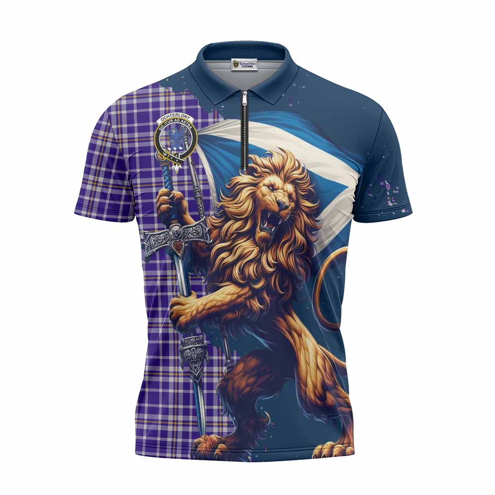 Tartan Vibes Clothing Ochterlony Tartan Family Crest Zipper Polo Shirt with Scottish Majestic Lion