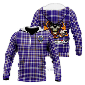 Ochterlony Tartan Knitted Hoodie with Family Crest and Bearded Skull Holding Bottles of Whiskey