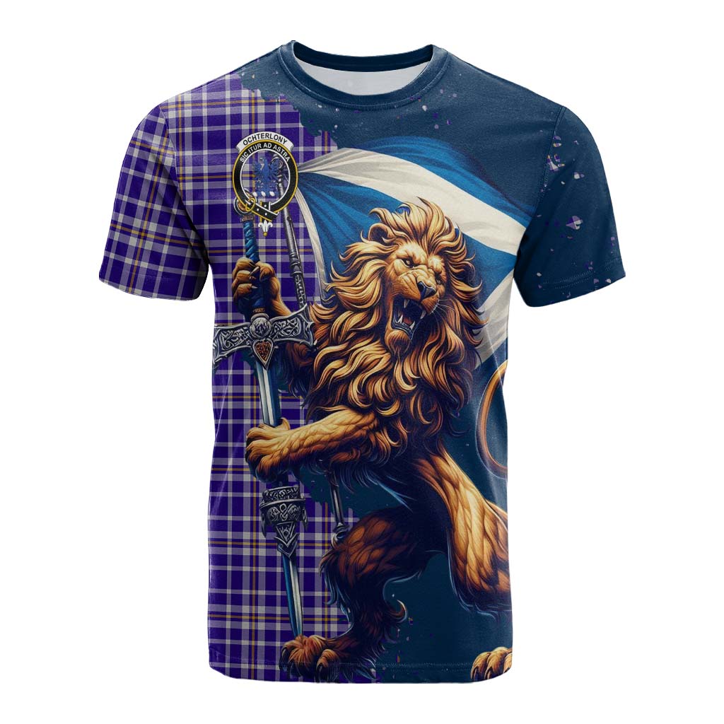 Tartan Vibes Clothing Ochterlony Tartan Family Crest Cotton T-shirt with Scottish Majestic Lion