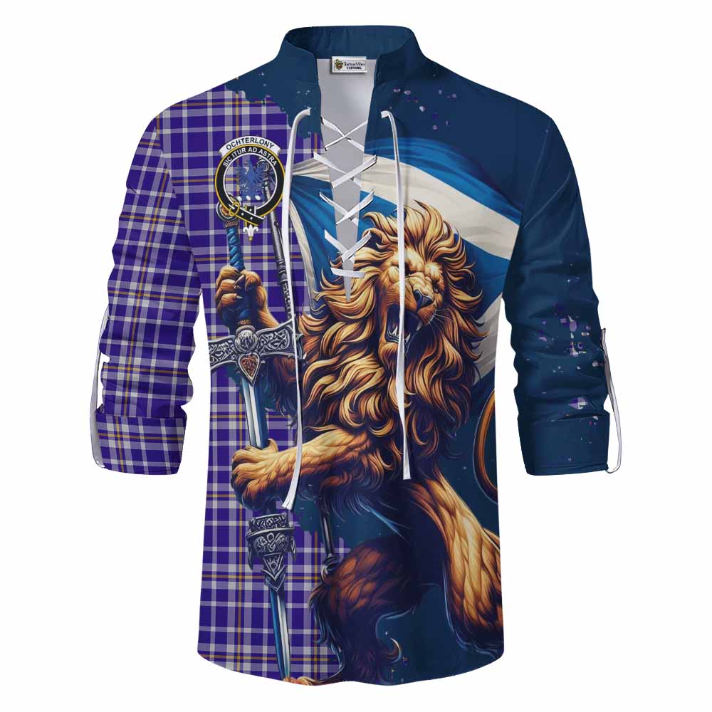 Tartan Vibes Clothing Ochterlony Tartan Family Crest Ghillie Kilt Shirt with Scottish Majestic Lion