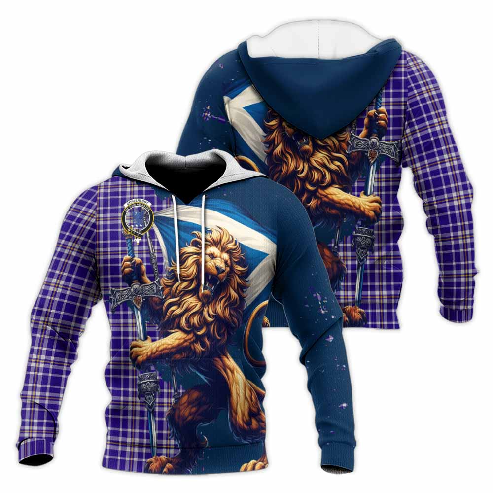 Tartan Vibes Clothing Ochterlony Tartan Family Crest Knitted Hoodie with Scottish Majestic Lion