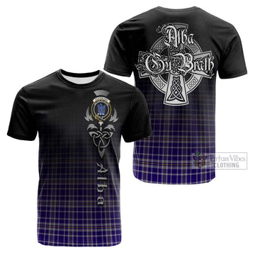 Ochterlony Tartan Cotton T-shirt Featuring Alba Gu Brath Family Crest Celtic Inspired