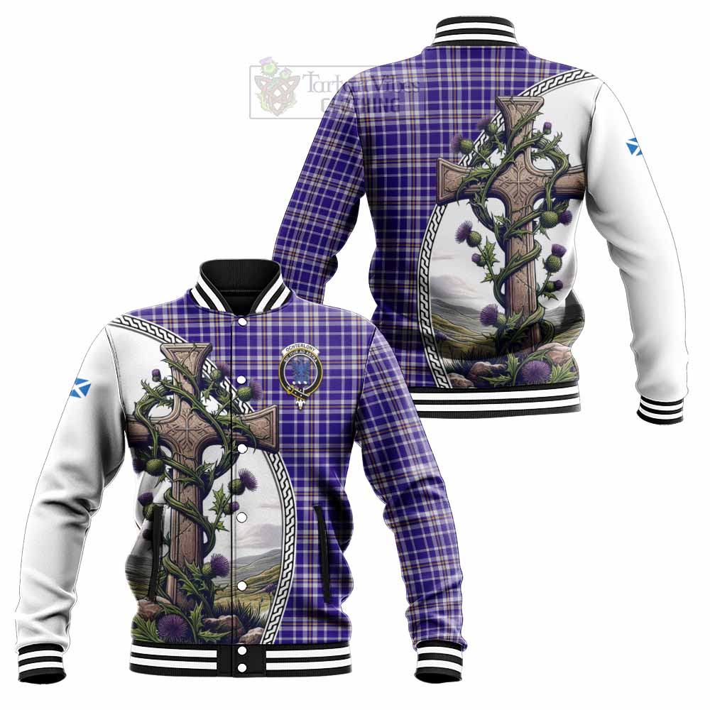 Tartan Vibes Clothing Ochterlony Tartan Baseball Jacket with Family Crest and St. Andrew's Cross Accented by Thistle Vines