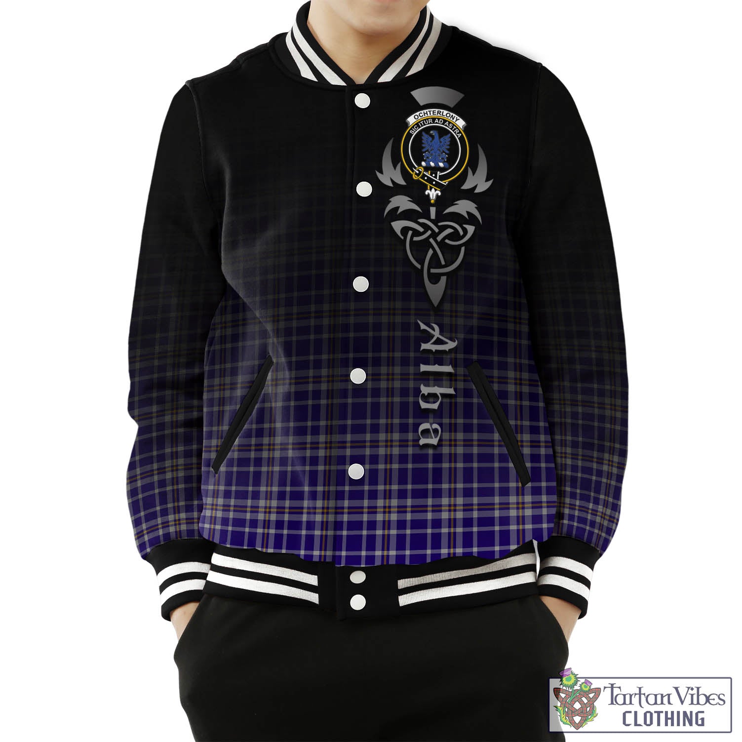 Tartan Vibes Clothing Ochterlony Tartan Baseball Jacket Featuring Alba Gu Brath Family Crest Celtic Inspired