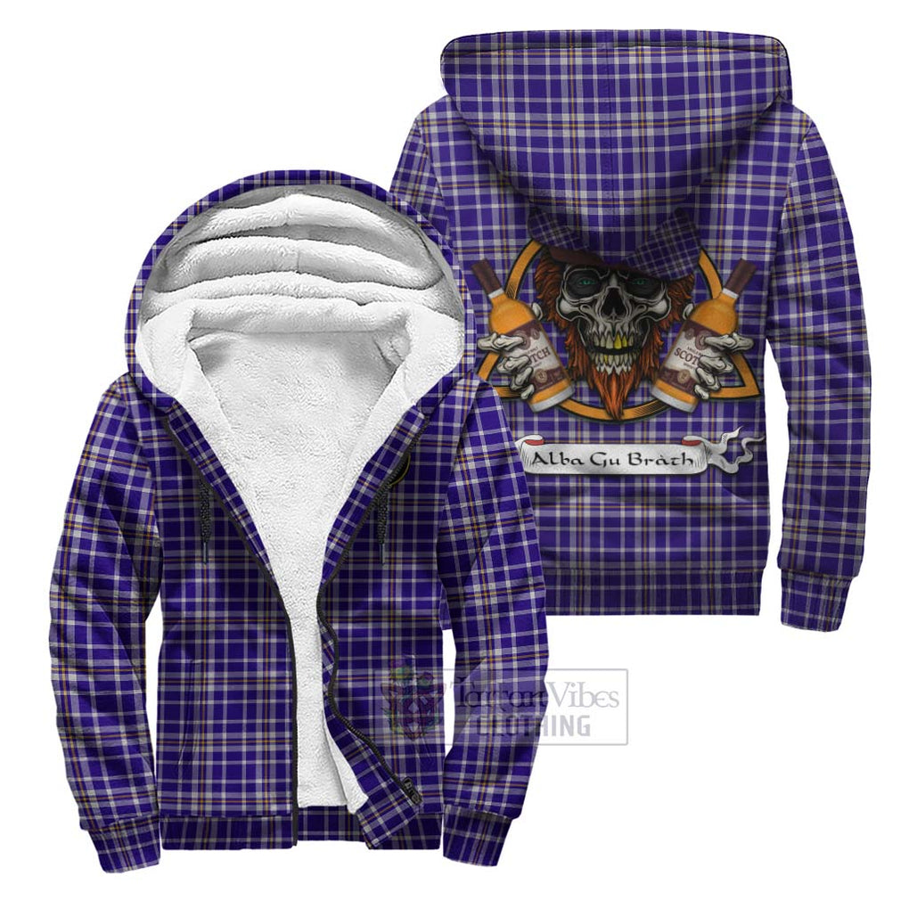 Tartan Vibes Clothing Ochterlony Tartan Sherpa Hoodie with Family Crest and Bearded Skull Holding Bottles of Whiskey