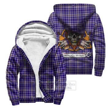 Ochterlony Tartan Sherpa Hoodie with Family Crest and Bearded Skull Holding Bottles of Whiskey