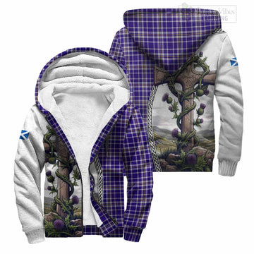 Ochterlony Tartan Sherpa Hoodie with Family Crest and St. Andrew's Cross Accented by Thistle Vines