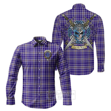 Ochterlony Tartan Long Sleeve Button Shirt with Family Crest Celtic Skull Style