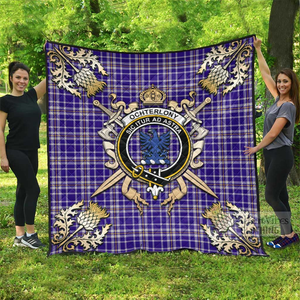 Tartan Vibes Clothing Ochterlony Tartan Quilt with Family Crest and Scottish Golden Courage Shield