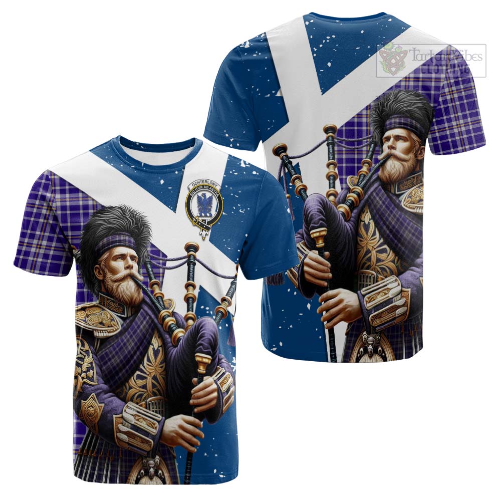 Tartan Vibes Clothing Ochterlony Tartan Cotton T-shirt with Family Crest Scottish Bagpiper Vibes