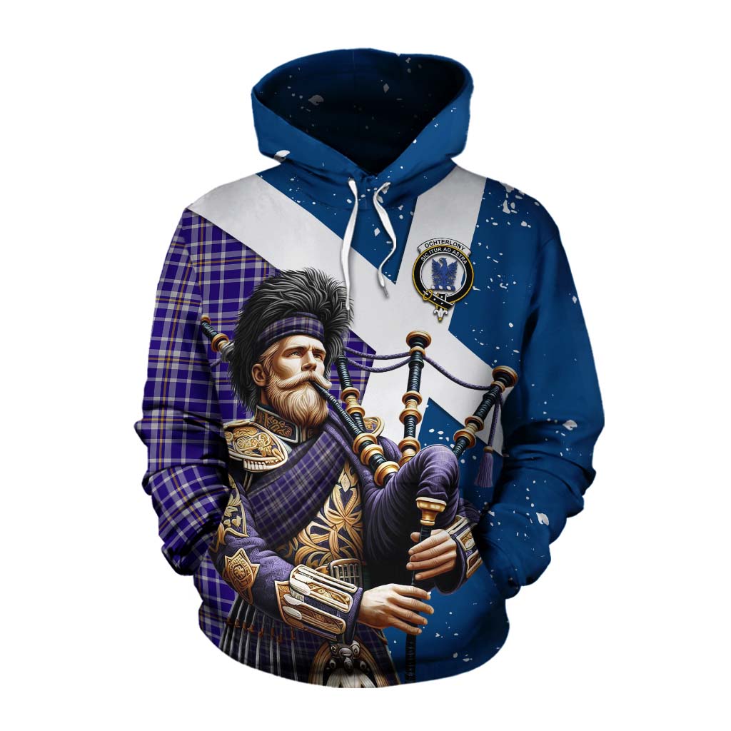 Tartan Vibes Clothing Ochterlony Tartan Cotton Hoodie with Family Crest Scottish Bagpiper Vibes