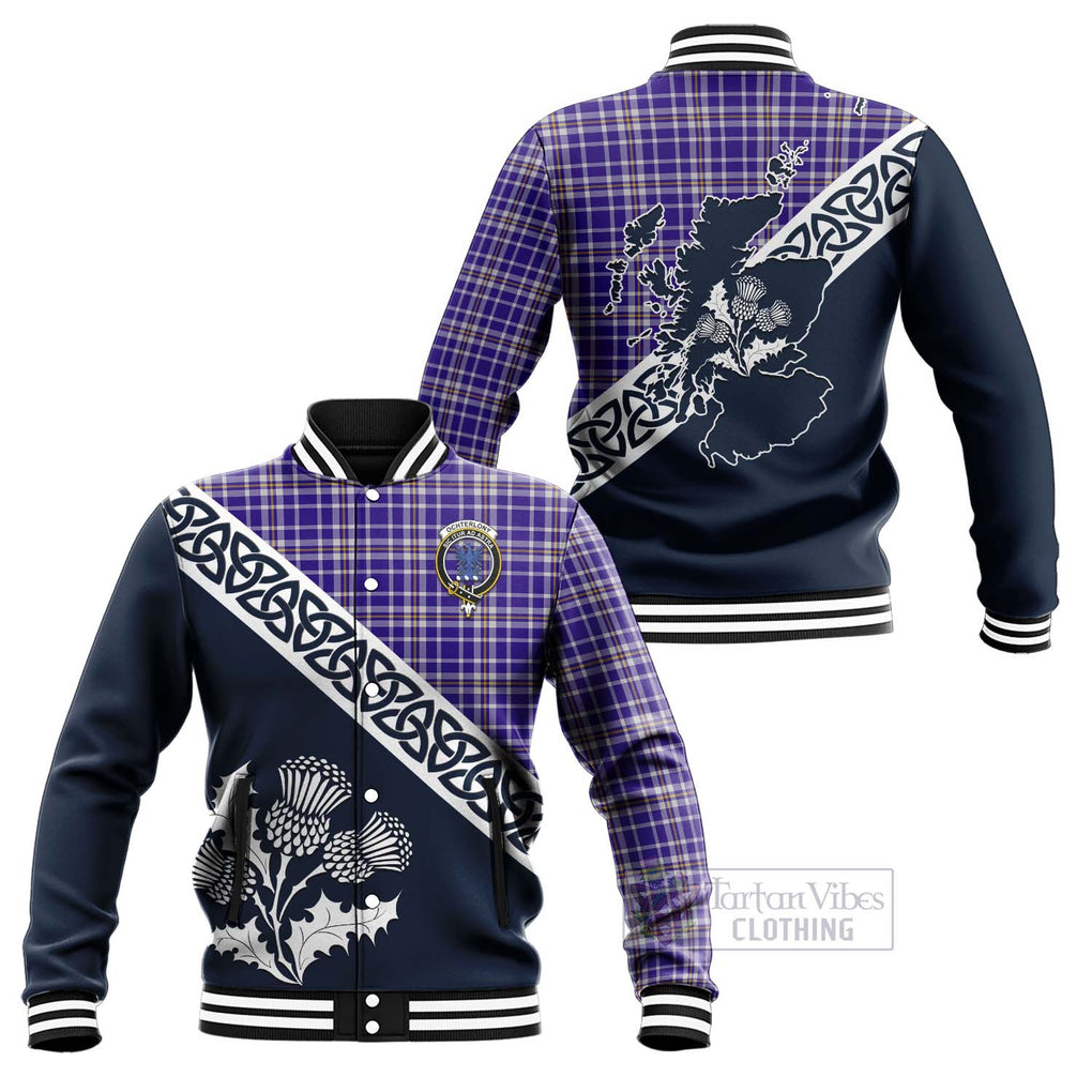 Tartan Vibes Clothing Ochterlony Tartan Baseball Jacket Featuring Thistle and Scotland Map