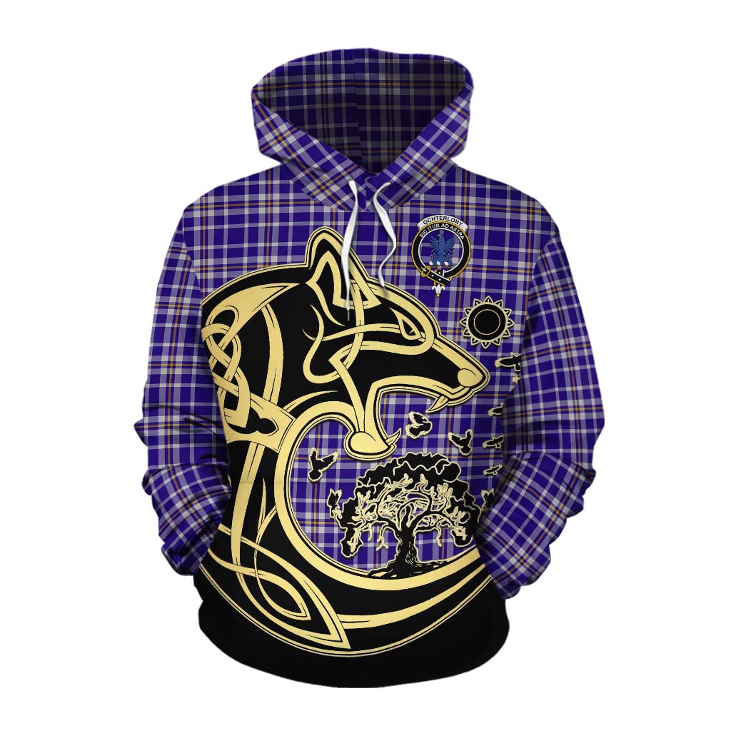 Tartan Vibes Clothing Ochterlony Tartan Cotton Hoodie with Family Crest Celtic Wolf Style