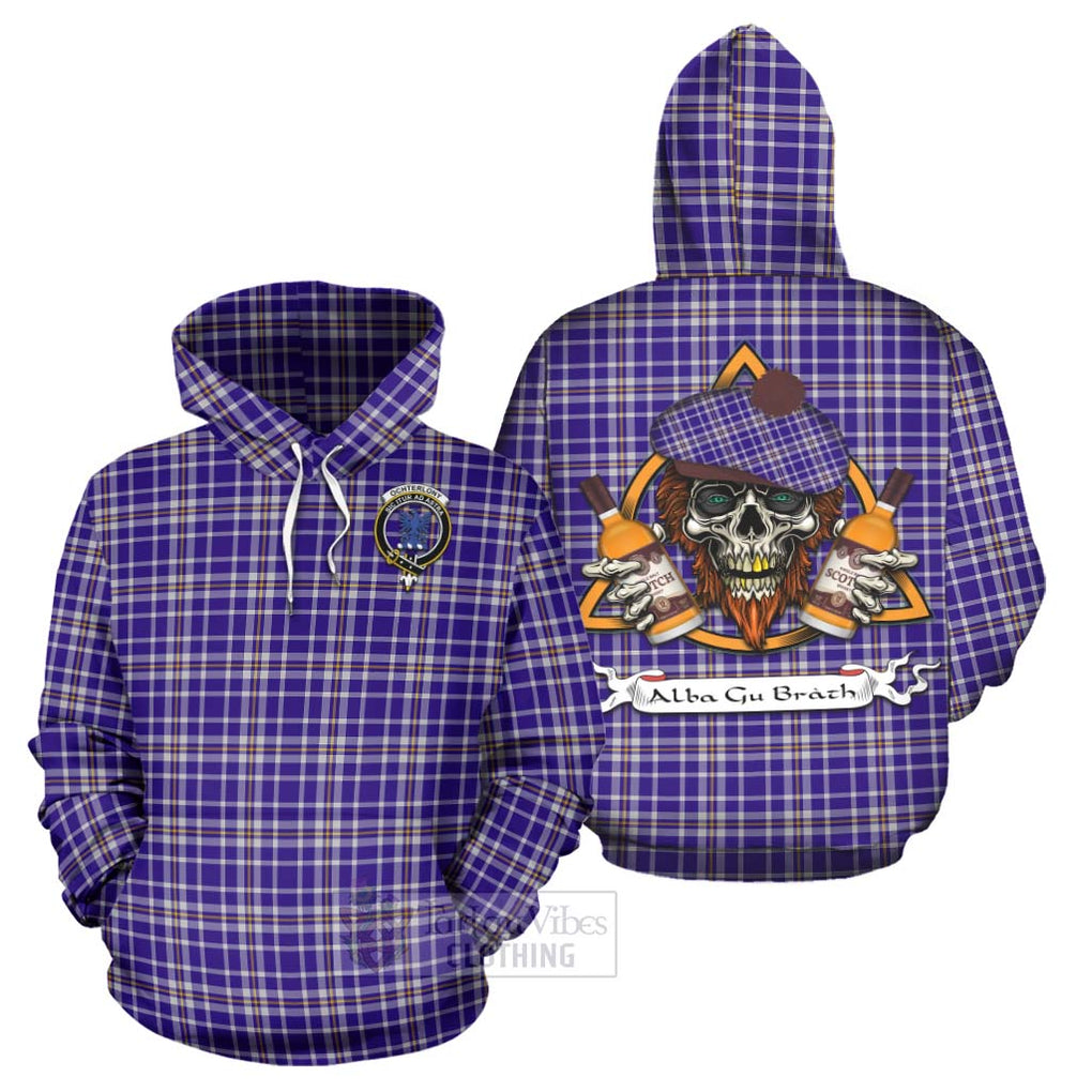 Tartan Vibes Clothing Ochterlony Tartan Hoodie with Family Crest and Bearded Skull Holding Bottles of Whiskey