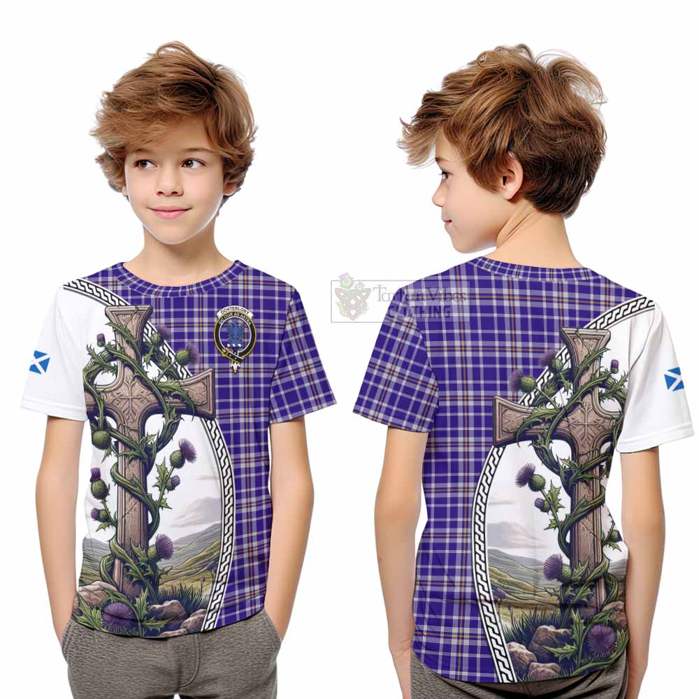 Tartan Vibes Clothing Ochterlony Tartan Kid T-Shirt with Family Crest and St. Andrew's Cross Accented by Thistle Vines