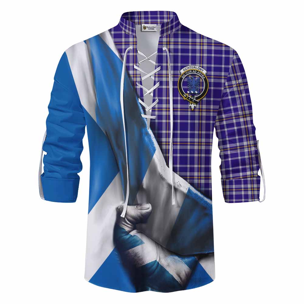 Tartan Vibes Clothing Ochterlony Tartan Ghillie Kilt Shirt with Family Crest Scotland Patriotic Style