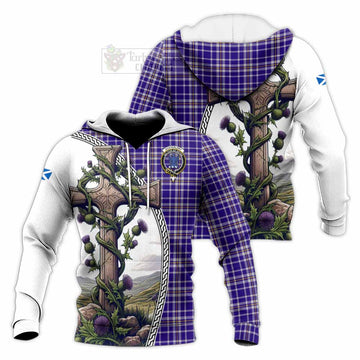 Ochterlony Tartan Knitted Hoodie with Family Crest and St. Andrew's Cross Accented by Thistle Vines