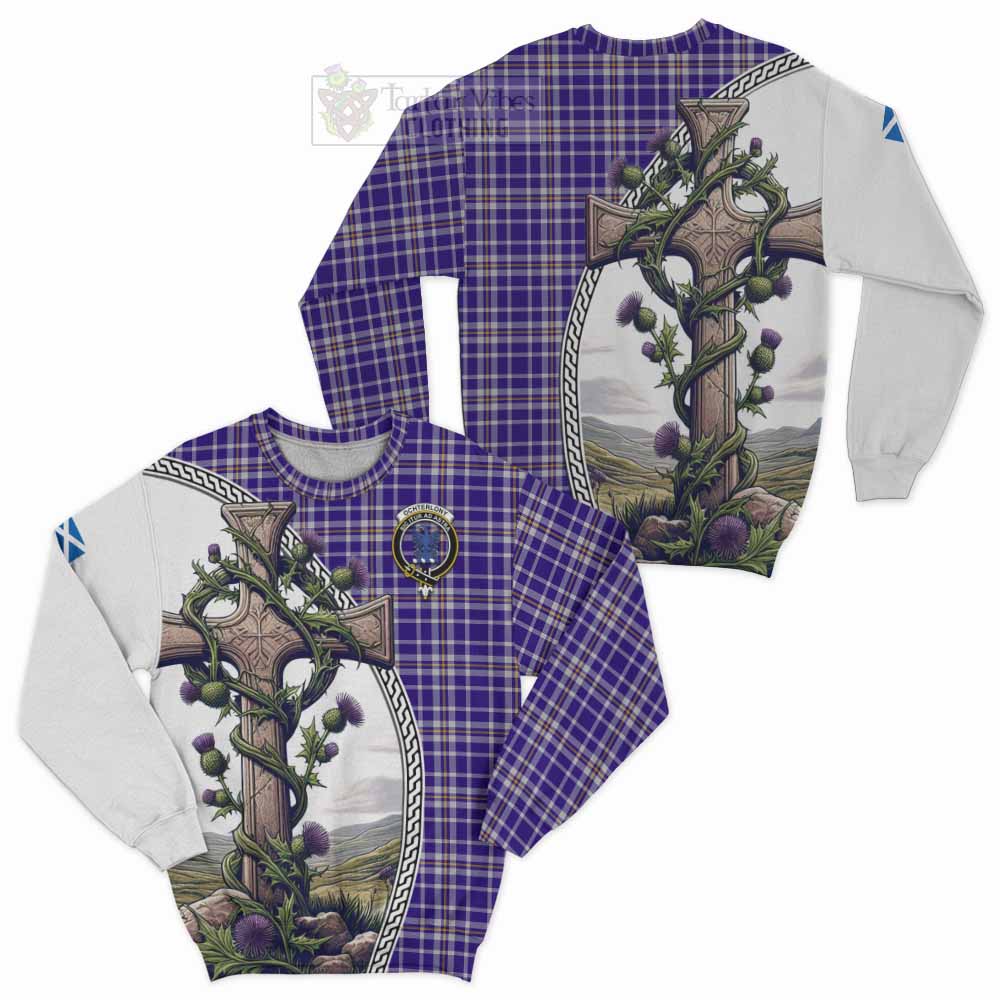 Tartan Vibes Clothing Ochterlony Tartan Sweatshirt with Family Crest and St. Andrew's Cross Accented by Thistle Vines