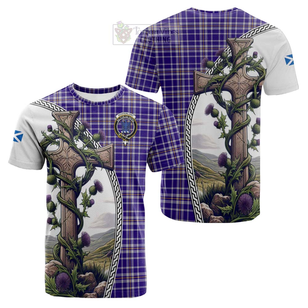 Tartan Vibes Clothing Ochterlony Tartan Cotton T-shirt with Family Crest and St. Andrew's Cross Accented by Thistle Vines