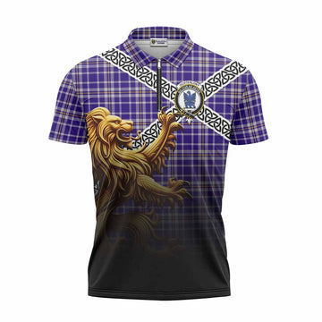 Ochterlony Crest Tartan Zipper Polo Shirt with Golden Lion Emblem Celtic Style Unisex - Tartan Vibes Clothing