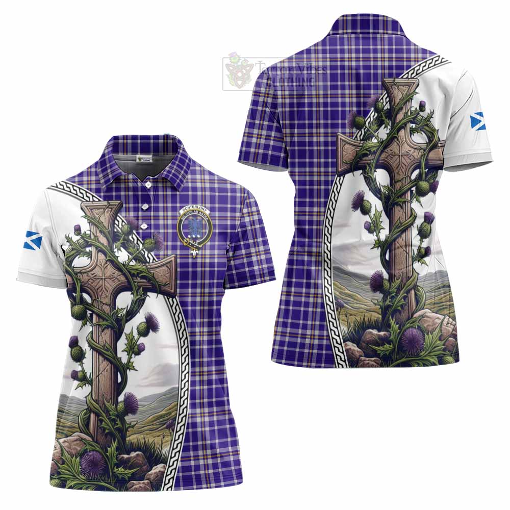 Tartan Vibes Clothing Ochterlony Tartan Women's Polo Shirt with Family Crest and St. Andrew's Cross Accented by Thistle Vines